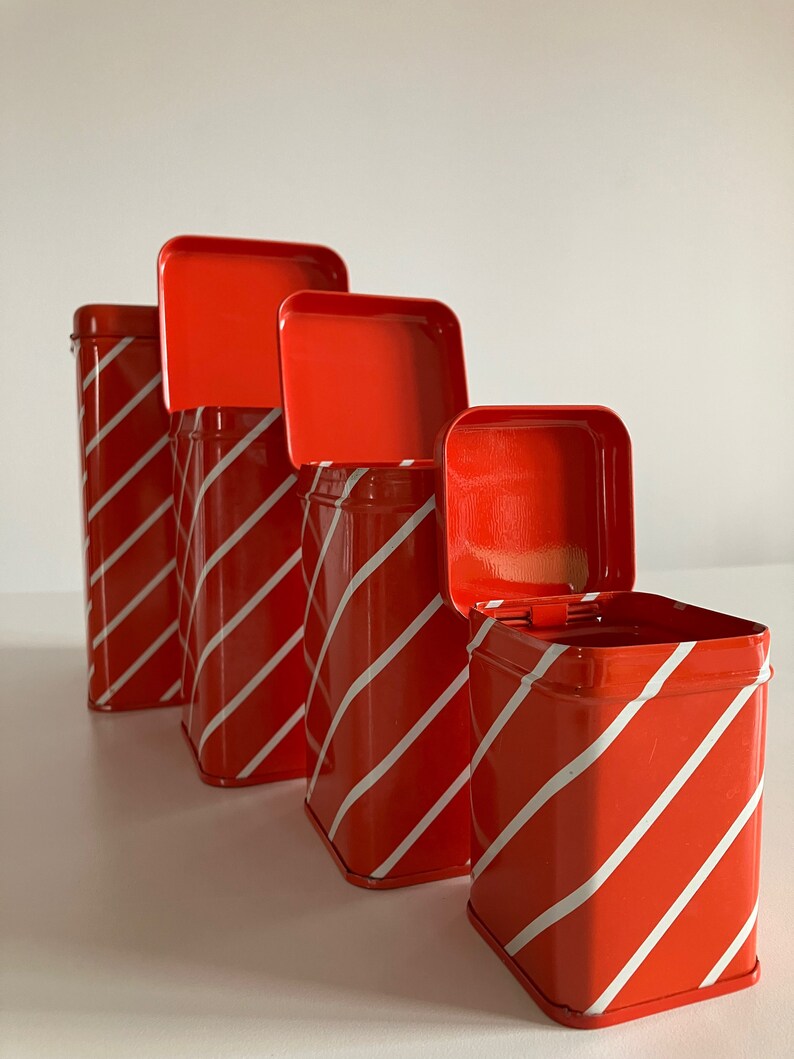 Vintage 70s Square Metal Tin Box Set / Set of 4 / Food Storage Containers / Red and White / Stripe Pattern / Saturnus / Made in Yugoslavia image 10