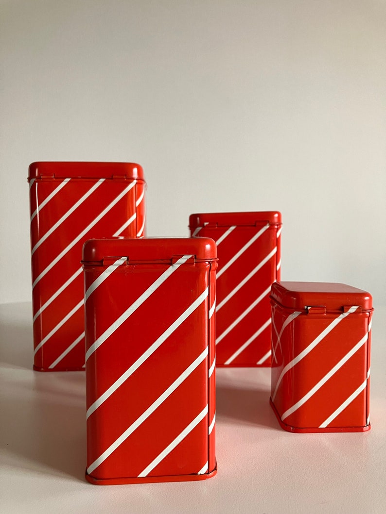 Vintage 70s Square Metal Tin Box Set / Set of 4 / Food Storage Containers / Red and White / Stripe Pattern / Saturnus / Made in Yugoslavia image 1