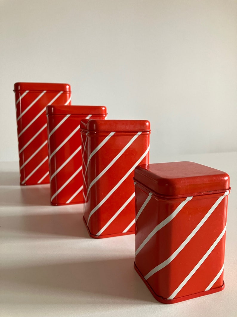 Vintage 70s Square Metal Tin Box Set / Set of 4 / Food Storage Containers / Red and White / Stripe Pattern / Saturnus / Made in Yugoslavia image 9