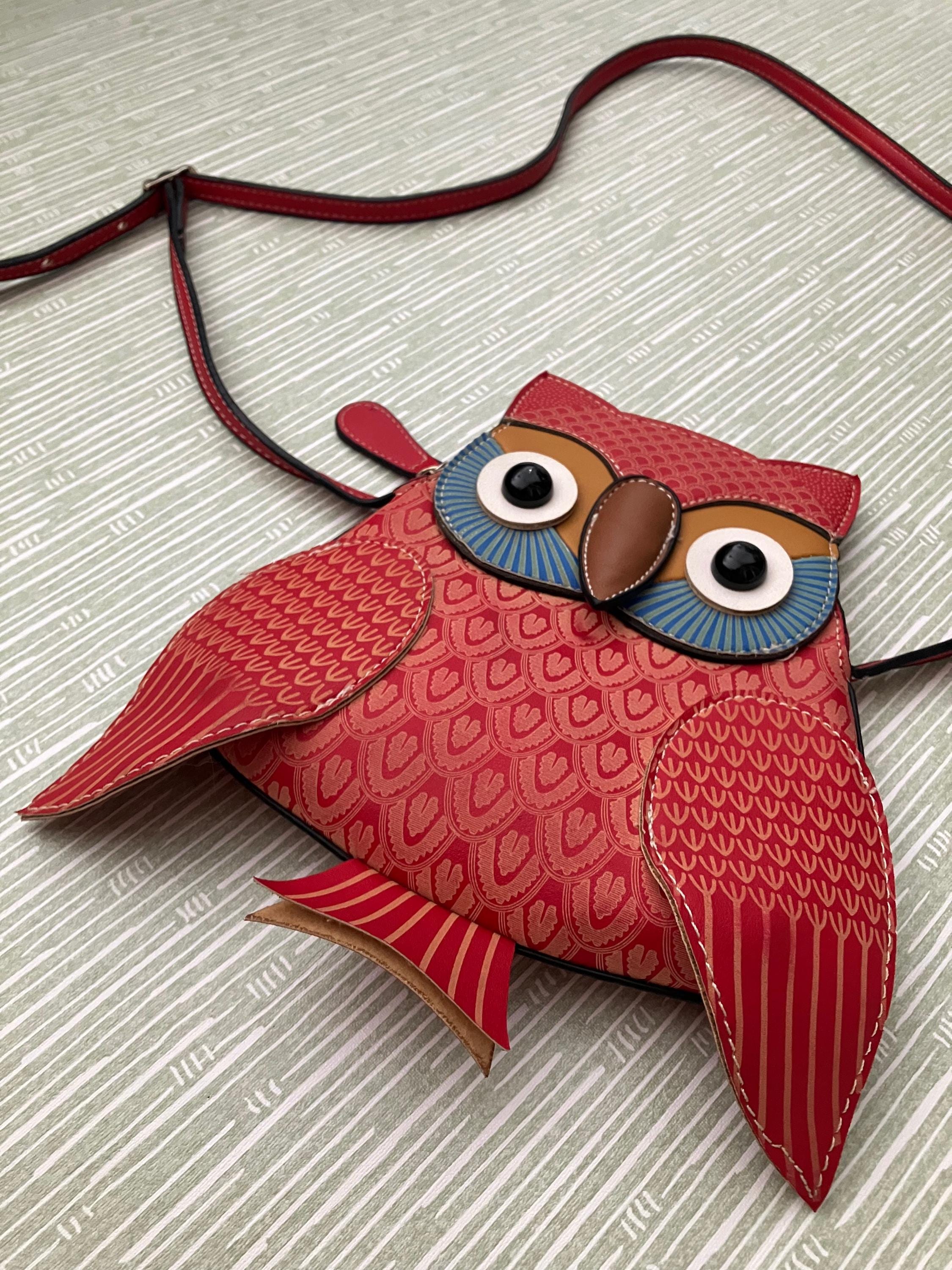 Vintage 90&rsquo;s Women&rsquo;s Crimson Red PU Leather Owl Shape Purse Cross Body Shoulder Bag Adju