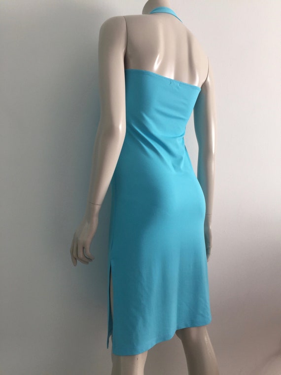 Vintage 90’s Women’s Turquoise Summer Beachwear NAF NAF Midi Tank Dress Sleeveless Halterneck Open Back Side Slit Elastic Material, size L