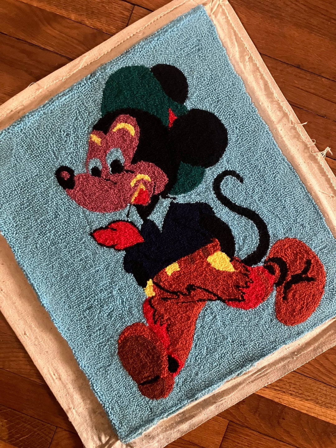 Vintage 70s Latch Hook Walt Disney Mickey Mouse Canvas Crocheting Yarn