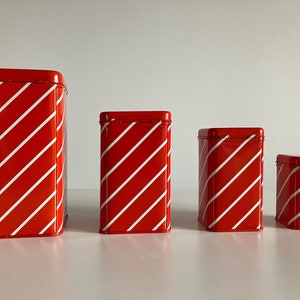 Vintage 70s Square Metal Tin Box Set / Set of 4 / Food Storage Containers / Red and White / Stripe Pattern / Saturnus / Made in Yugoslavia image 3