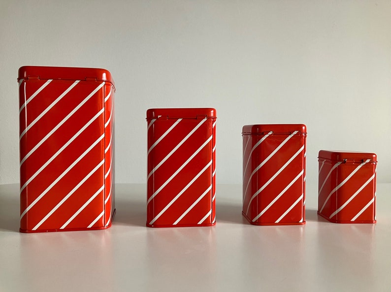 Vintage 70s Square Metal Tin Box Set / Set of 4 / Food Storage Containers / Red and White / Stripe Pattern / Saturnus / Made in Yugoslavia image 3