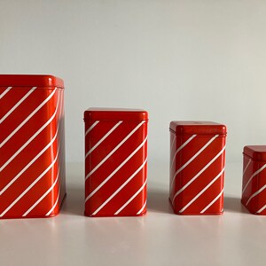 Vintage 70s Square Metal Tin Box Set / Set of 4 / Food Storage Containers / Red and White / Stripe Pattern / Saturnus / Made in Yugoslavia image 2