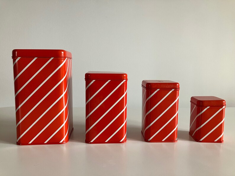 Vintage 70s Square Metal Tin Box Set / Set of 4 / Food Storage Containers / Red and White / Stripe Pattern / Saturnus / Made in Yugoslavia image 2