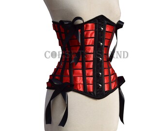 Satin Underbust Corset Waist Trainer Steel Boned Red Corset Waist Training Corset Womens Corset Cosplay Corset Red & Black Corset