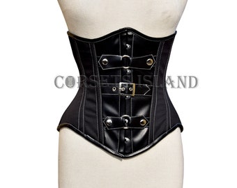 Goth Style Underbust Womens Corset Waist Trainer Black & White Stitching Beautiful Leather and Cotton Buckel Corset