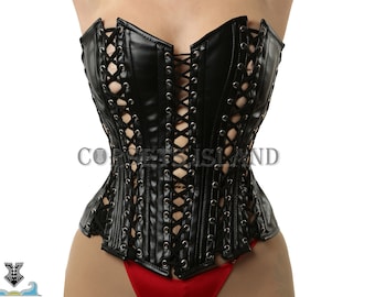 Heavy Duty Steel Boned Leather Corset Lace-Up Over Bust Corset Top Drawer Leather Black Corset