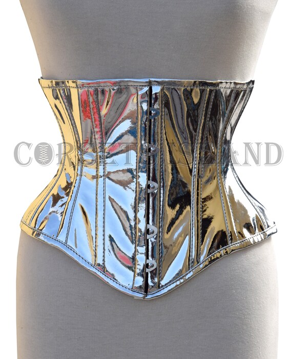 Women's Silver PVC Corset , Double Steel Boned Heavy Duty Waist Trainer  Underbust PVC Silver Corset 