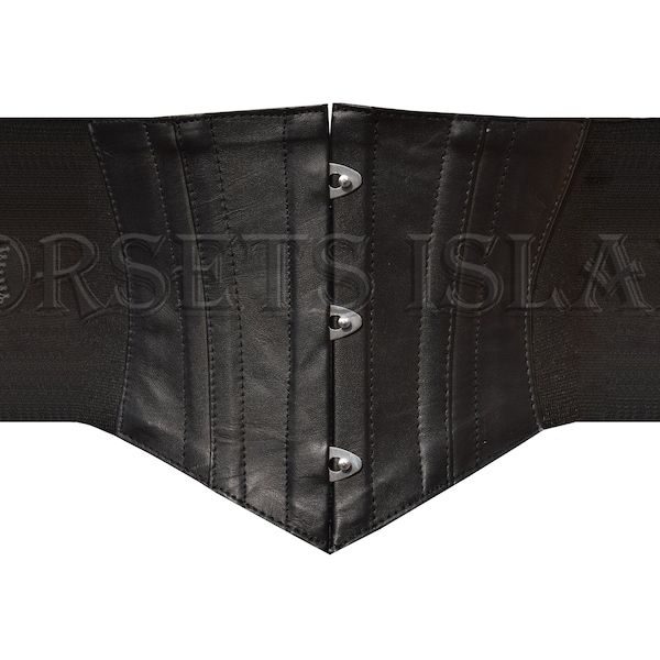 Waspie Corset Belts Women's Obi Sash Tie Genuine Sheep Leather Steel Boned Wide Stretchy Cinch Belt Waistband Elastic High Waist Black Belts
