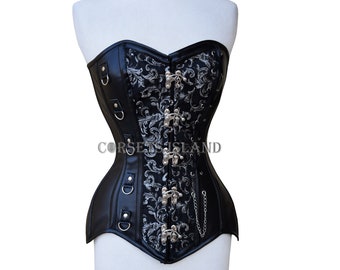 Heavy Duty Womens Overbust Corset Leather & Brocade Steel Boned Claps Closure Goth Style Heavy Duty Corset