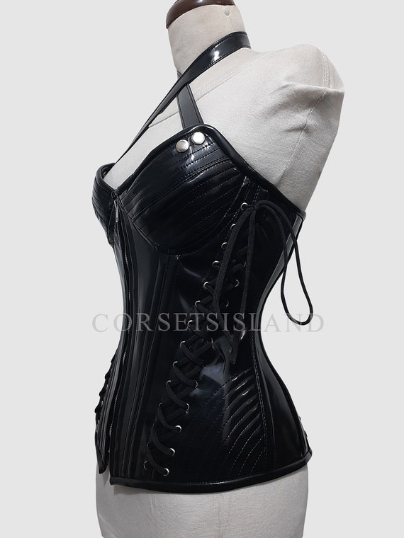 Shiny PVC Overbust Womens Waist Trainer Costume Side Laced Shaper Double  Steel Boned Zipper PVC Black Corset 