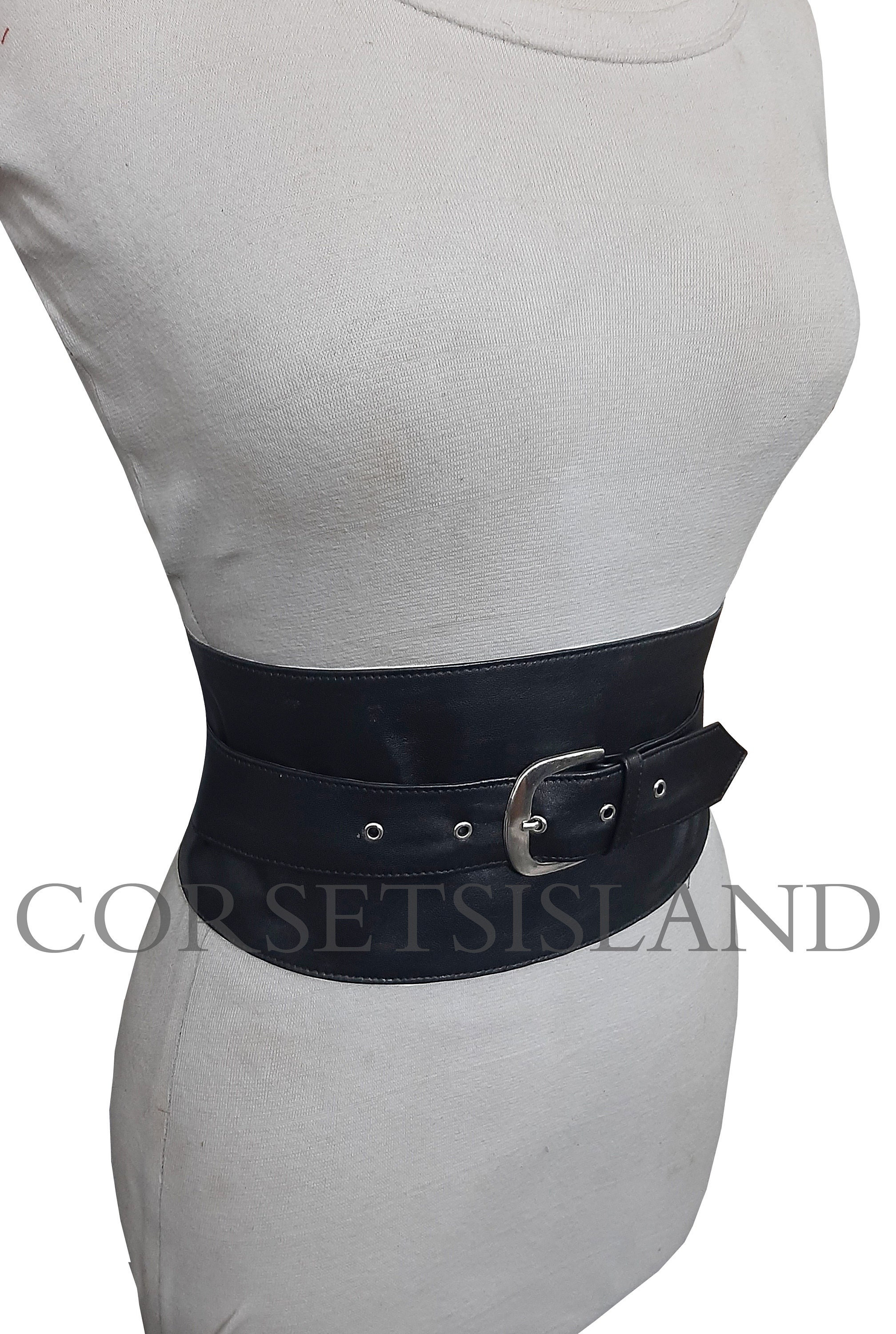Women's Genuine Black Leather Obi Sash Tie Wrap Corset Harness Waist  Cincher Wide Elegant Buckle Belt 