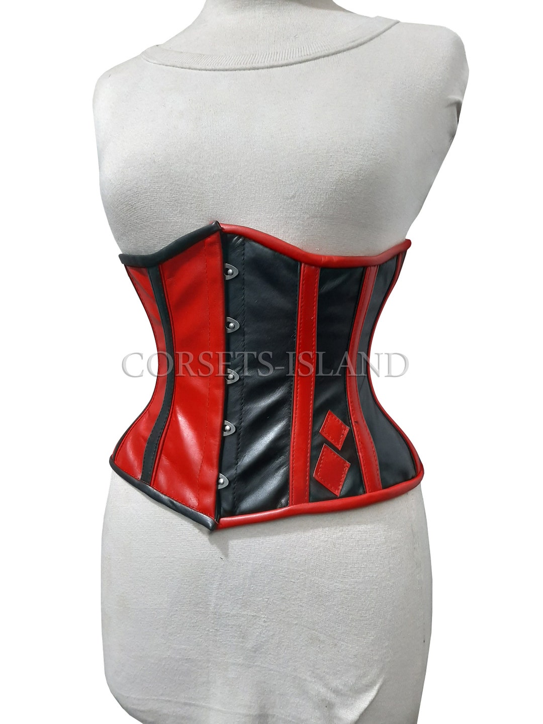 Harley Quinn Corset , Black and Red Corset , Genuine Sheep Leather