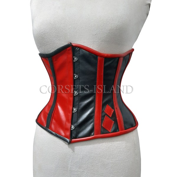 Harley Quinn Corset , Black and Red Corset , Genuine Sheep Leather Corset , Waist Trainer Women's Underbust Lace Up Steel Boned Corset