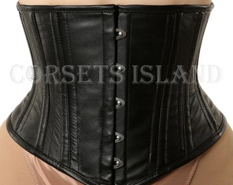 Corset noir désossé en cuir de mouton véritable, Corset d'entraînement à la taille robuste, sous le buste, Corset Waspie pour femmes