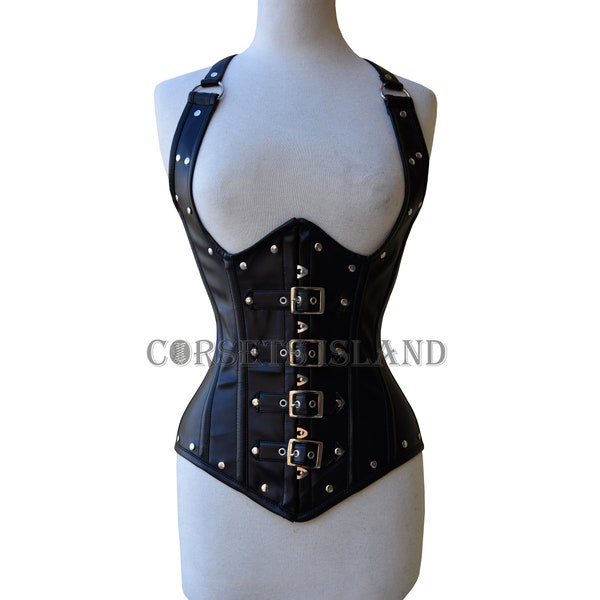 Heavy Duty Waist Trainer Steel Boned Leather Corset Steampunk Black Studs and Goth Style Buckle Closure Underbust Strap Corset