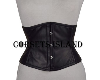 Corset noir en cuir de mouton véritable désossé en acier robuste sous le buste Waspie