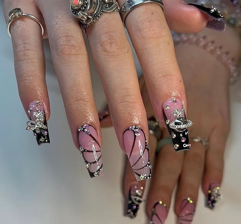 Black Butterfly Bling Nails French-tip Press on Nails Nana - Etsy