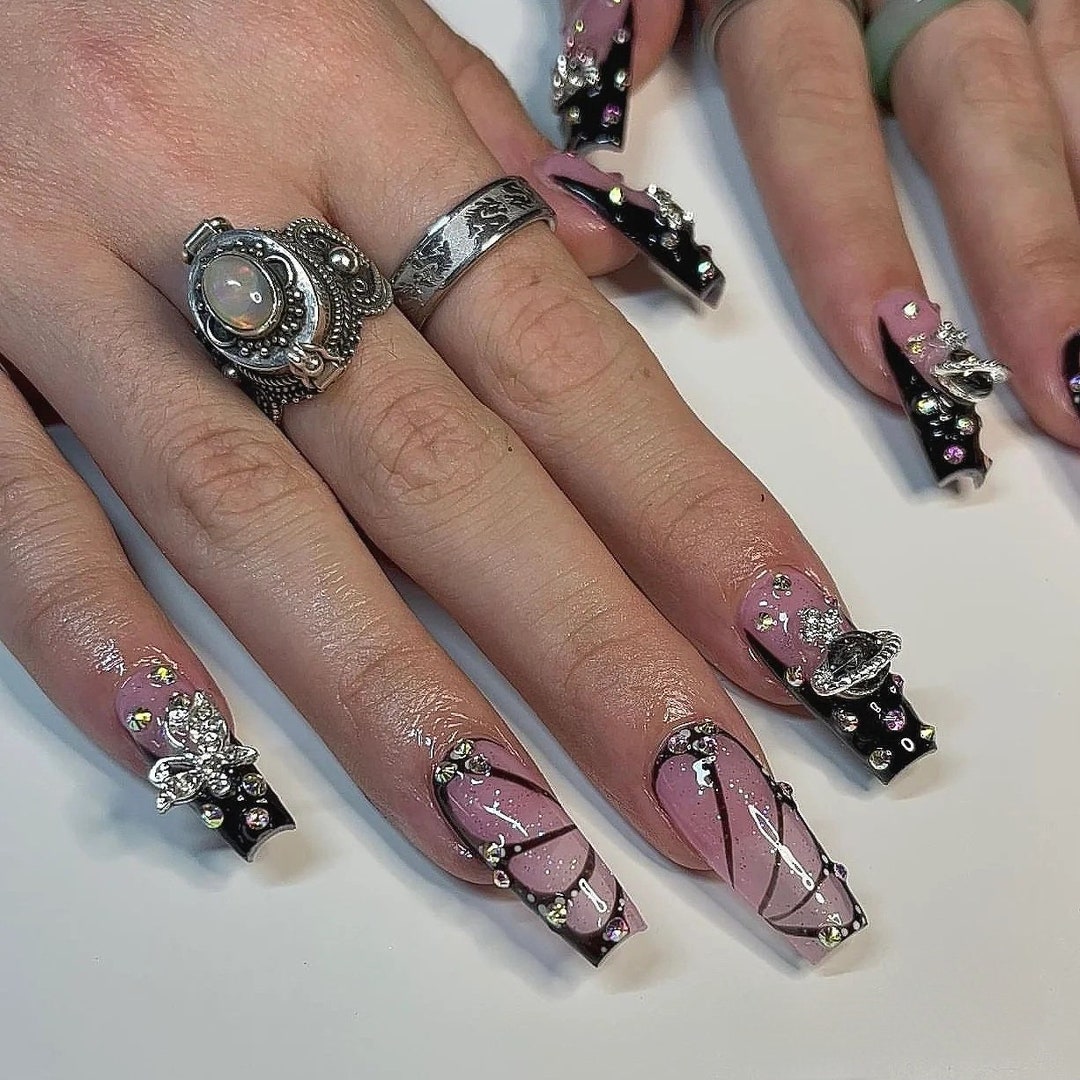 Black Butterfly Bling Nails French-tip Press on Nails Nana - Etsy