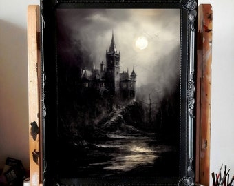 Moonlight château - Oil painting.  Digital printable file. Dark Series. Art print and poster. Artwork Gothic home décor gift.