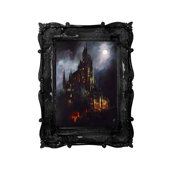 Dracula's castle - Oil painting. Version III. Art print and poster. Artwork Gothic home décor gift. digital enhanced