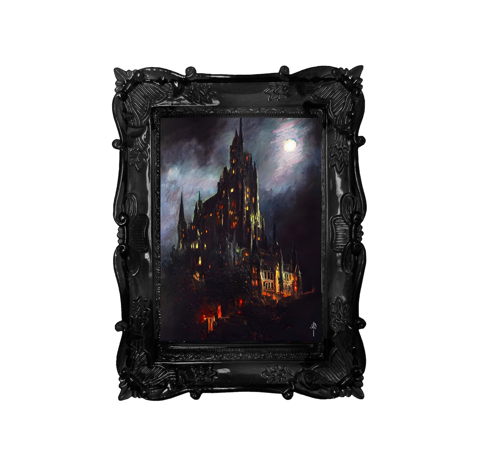 Printed painting of Dracula's Castle at night