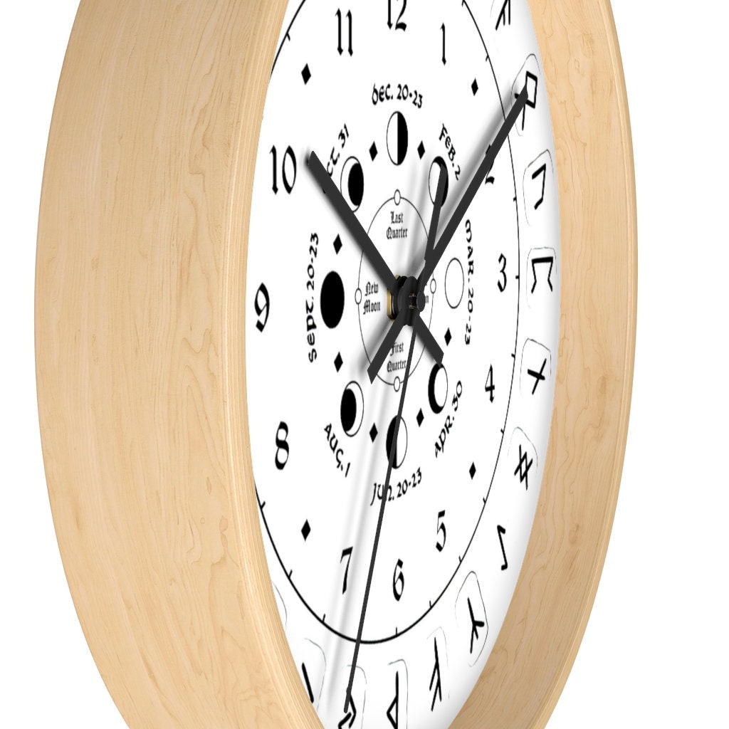 Wall Clock - Pagan, Rune And Moon Cycle Clock. Witchcraft. White Version.
