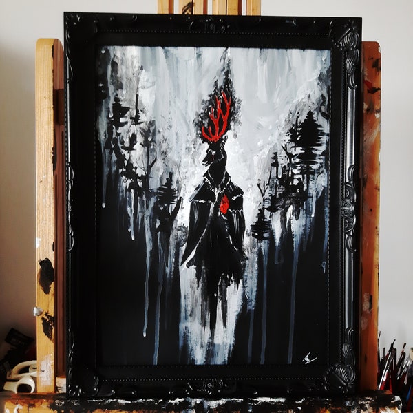 The wise hand of the deer. Original artwork. Gothic Home decor. Handmade painting.