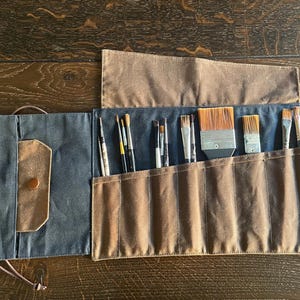 Handmade Waxed Canvas Brush Roll Holder: Navy & Tan, Artist Gift