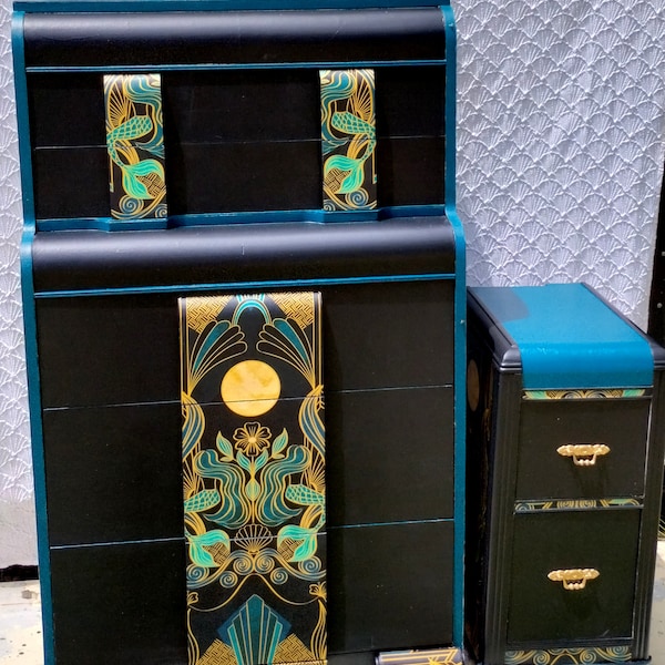 Gorgeous Custom Art Deco Waterfall dresser and nightstand with art nouveau stylized mermaid updates **See Shipping note