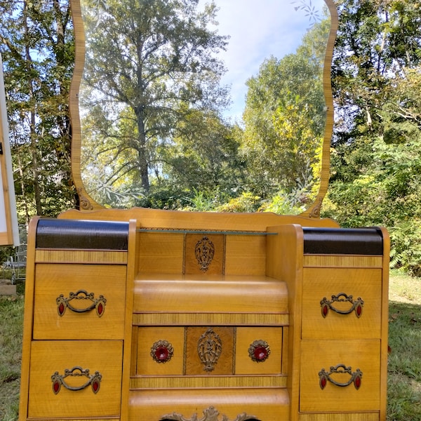 Art Deco Set. Vanity with large mirror and Full Size Bed Frame. Original handles with red insets. Metal embellishments.  **See Shipping note