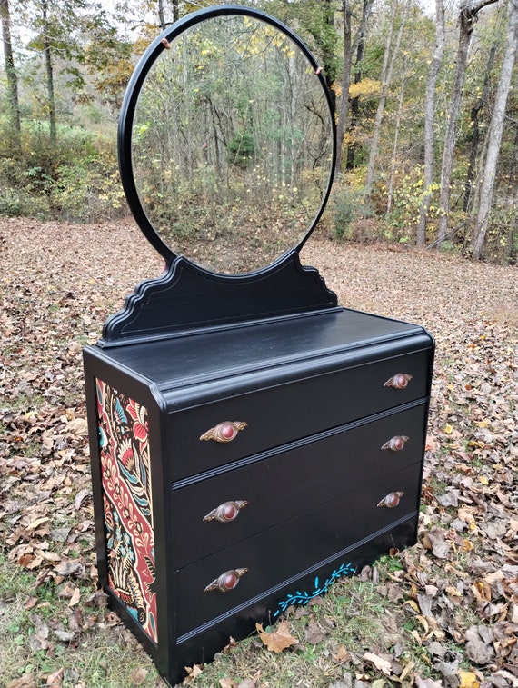 black art deco dresser SOLD - Custom Art Deco Waterfall Dresser With Round Mirror Vintage Black