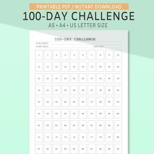Printable 100 Day Challenge, 100 Days Habit Tracker, Daily Goal Planner ...