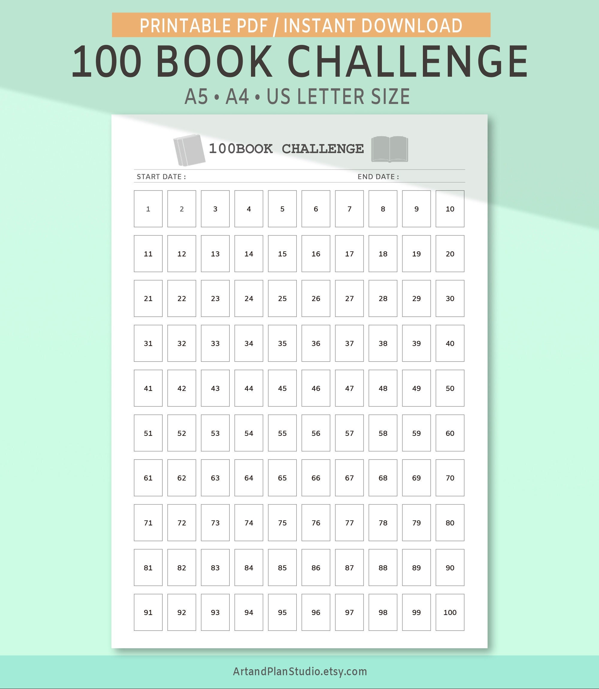 100 Book Challenge, Books Challenge Template, Reading Tracker, PDF, A5, A4, Letter Size - Etsy for 100 Book Challenge Printable Free Pdf