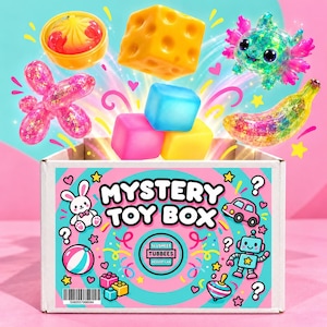 May include: A white cardboard Mystery Toy Box with colourful graphics of a rabbit, car, robot, and spinning top. The box features the text Mystery Toy Box and Slushees Tubbees Dessert Lab. Floating above are squishy toys including a cheese block, axolotl, banana, and balloon dog.