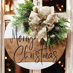 Farmhouse Christmas Door Hanger: Rustic Wood Sign with Evergreen & Snowflake Bow