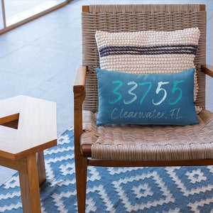 Personalized Beach House Lumbar Pillow: Coastal Navy Zip Code Pillow