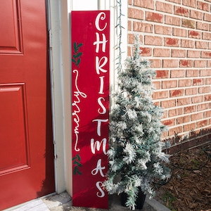 Merry Christmas Porch Sign: Red Painted Wood Outdoor Leaner