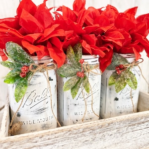 Farmhouse Christmas Mason Jar Centerpiece: White Poinsettia Table Decor