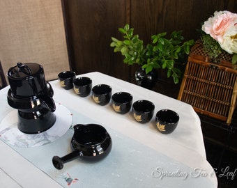 Golden Maple Black Ceramic Tea Set - Stone Mill Teapot, 6 Cups