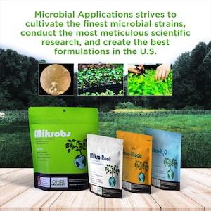 May include: Four green, white, orange, and blue pouches of Mikrobs Microbial Superpack, Mikro-Root Bio Fertilizer & Microbiome Stabilizer, Mikro-Myco Bio Fertilizer & Microbiome Stabilizer, and Mikro-IHO Bio Fertilizer & Microbiome Stabilizer. Each pouch features a green plant growing from a globe.