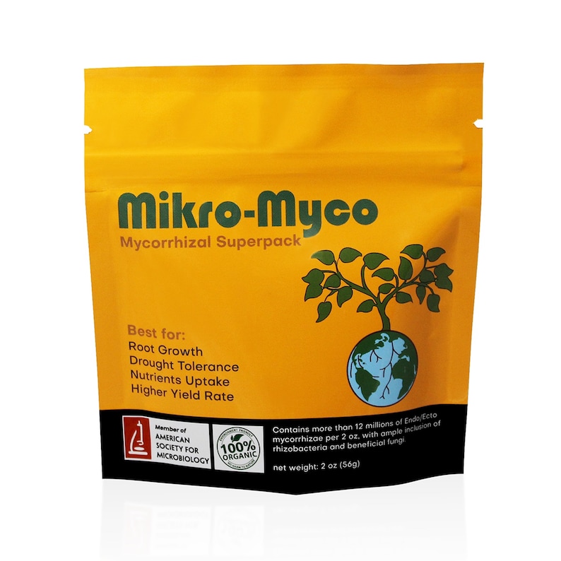 May include: Yellow pouch with a black label that reads "Mikro-Myco Mycorrhizal Superpack". The label also includes a graphic of a plant growing out of a globe, and the text "Best for: Root Growth, Drought Tolerance, Nutrients Uptake, Higher Yield Rate". The pouch also features a 100% organic certification logo and a logo for the American Society for Microbiology.