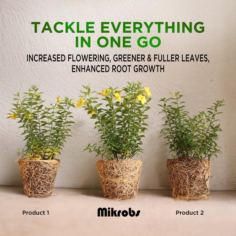 May include: Three potted plants with yellow flowers and green leaves. The plant in the middle is labeled "Mikrobs". The plants on the left and right are labeled "Product 1" and "Product 2". The text "Tackle Everything in One Go" is at the top of the image. The text "Increased flowering, greener & fuller leaves, enhanced root growth" is below the title.