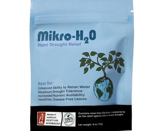 May include: Blue pouch with the text "Mikro-H2O Plant Drought Relief" and a green plant growing out of a globe. The pouch also has a logo for the American Society for Microbiology and a 100% Organic label. The text "Contains more than 336 billion rhizobacteria as the relief against mild to severe drought." and "net weight: 4 oz (113g)" are also on the pouch.