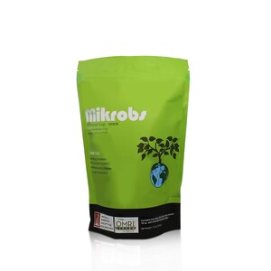 May include: Green pouch with a white label that says "Mikrobs Microbial Superpack Soil amendment for organic production". The label also says "Best for: Yield Increase, Robust Root Systems, Resistance to Disease, Growth Promotion". The pouch has a green tree with a blue globe at the base. The pouch is labeled "OMRI Listed".