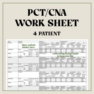 Puede incluir: Una hoja de trabajo en blanco y negro con el título "PCT/CNA Work Sheet" y el texto "4 Patient". La hoja de trabajo está dividida en columnas con encabezados como "Fecha", "Habitación", "CNA/PCT", "Paciente", "Teléfono", "Estado del código", "Aislamiento", "Confort completo limitado", "Contacto/Entérico Gotas", "Estado mental", "ASOX 1234", "Dieta", "Asistencia", "X12 3 Asistencia/Riesgo de caída", "Comidas", "Movilidad", "Reposo en cama/Girar/Silla/Ambular", "Uso del baño", "Incont/Cont/UC/Vacío/Externo/BP/BSC", "Diagnóstico", "Baño", "Glucosa en sangre", "Día/Noche", "AC/HS", "QH", "Signos vitales", "Hora", "FC", "O2", "FR", "Temp", "Dolor", "Cuidado bucal", "Resultado", "mg/dL", "Notas/Qué hacer", "Alergias", "Sí", "No", "Neutropénico", "Estándar", "NPO", "Regular", "Modificado", "Especial", "Desayuno", "Almuerzo", "Cena", "Merienda", "Peso", "Resultado kbs", "mg/dL", "Enfermera responsable" y "Alergias".