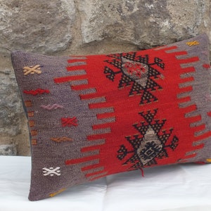 Handwoven Kilim Lumbar Pillow Cover: Red & Gray Wool Rug Pillow (12x20)