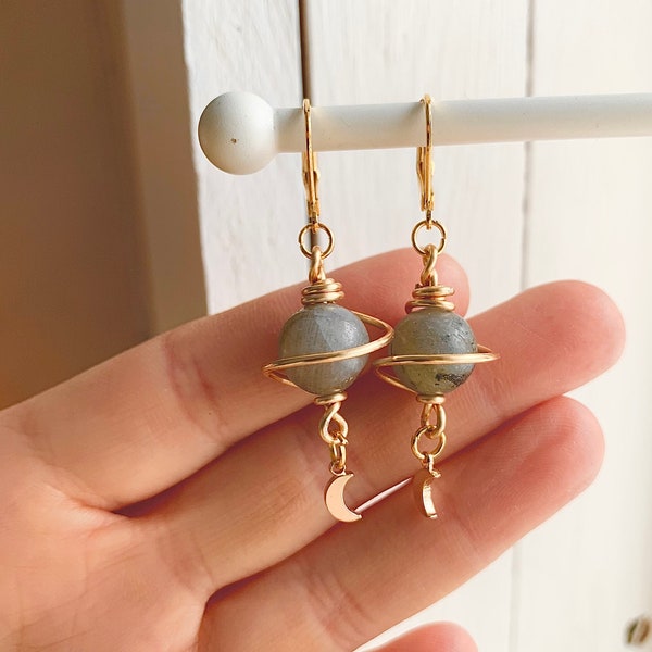 Planet earrings - stainless steel hooks - hypoallergenic - celestial earrings - boho style - moon and sun - dangle earrings